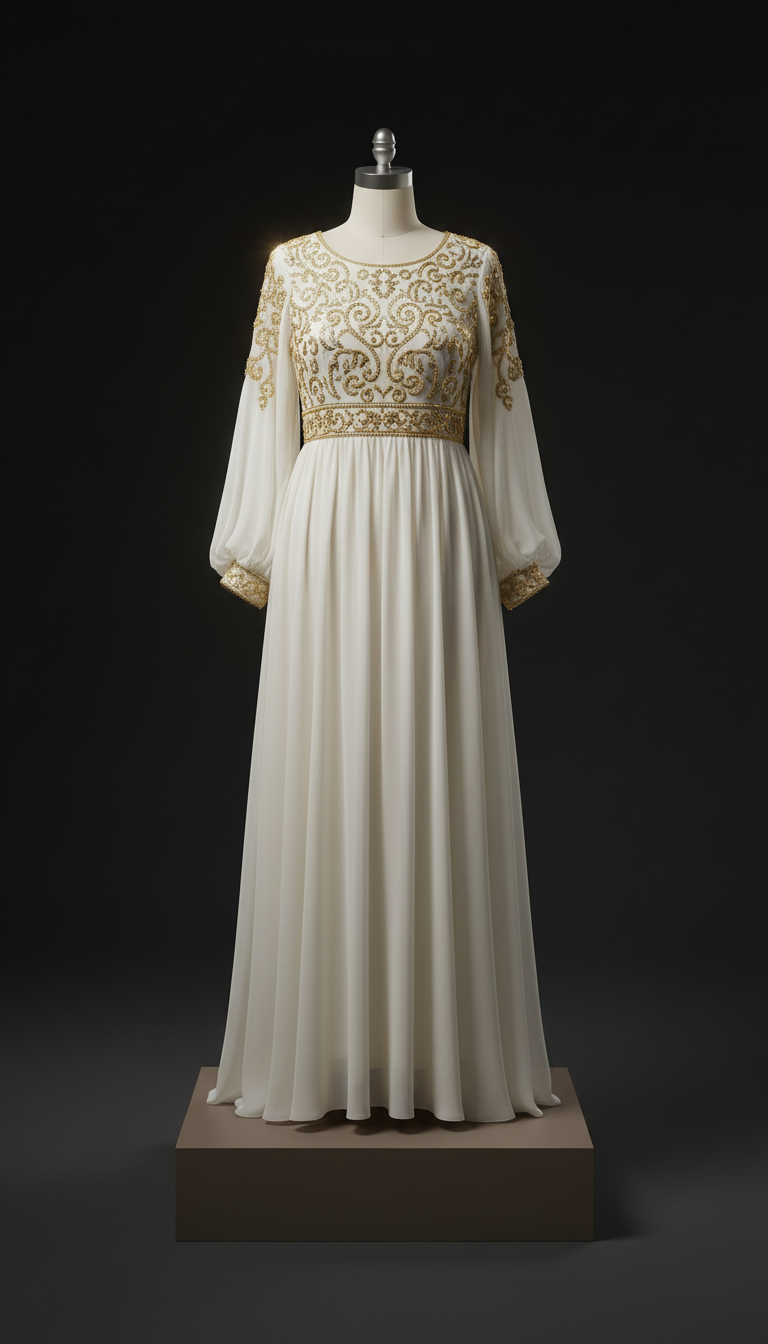 Ivory Veil Chiffon Panel Dress with Antique Gold Accents