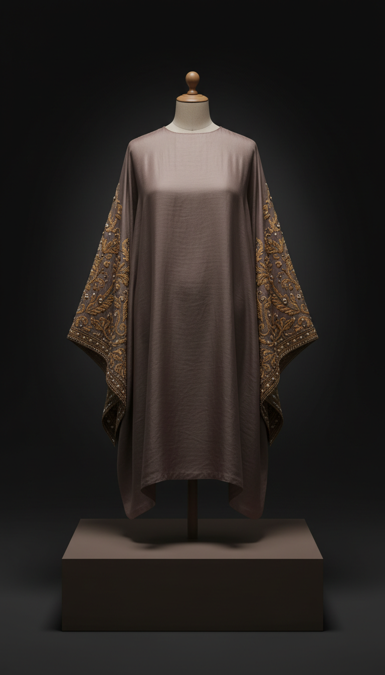 Smoked Taupe Silk Tunic with Ornate Sleeve Detail